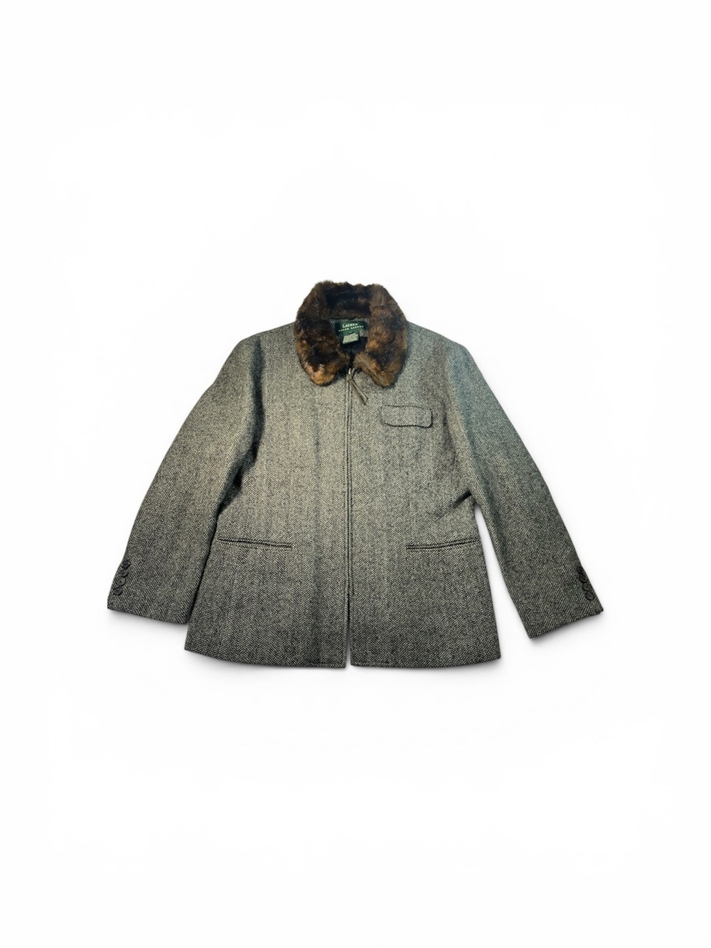 Ralph Lauren Wool Tweed & Silk Jacket Faux Fur Collar Full Zip Sz 14 Vtg